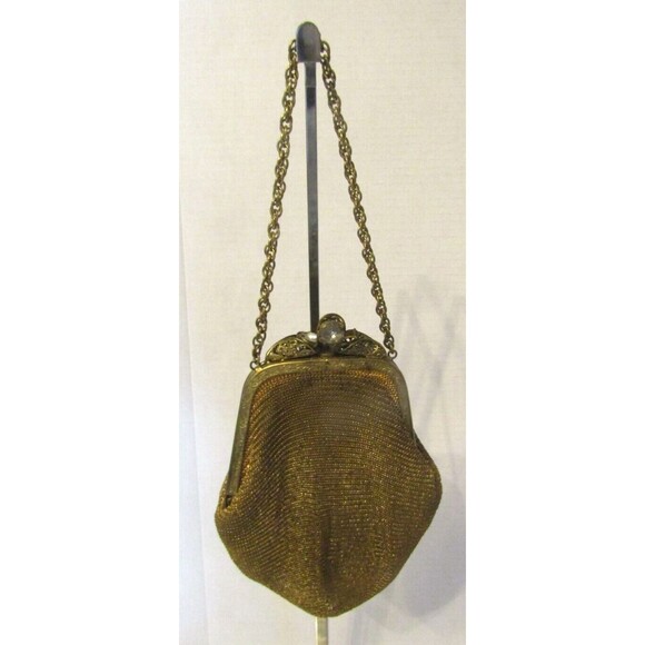 1930s Art Deco Gold Mesh Purse Vintage Wristlet Satin Lined